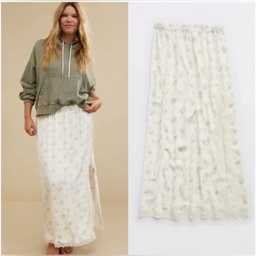 Aerie Cream Floral Maxi Skirt Medium